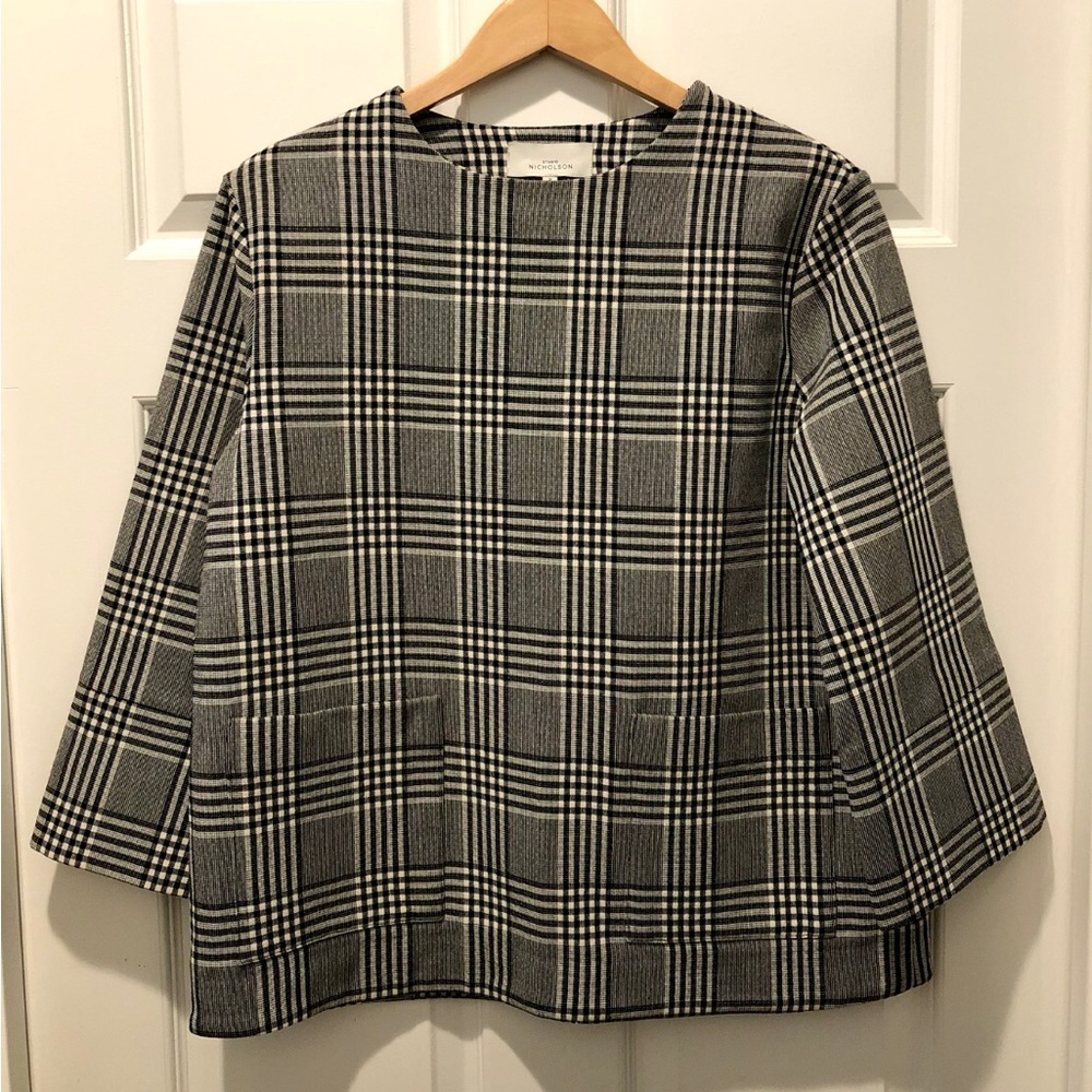 New! STUDIO NICHOLSON “Lucinda” Wool Black & Off-White Plaid Tunic Top Size Med